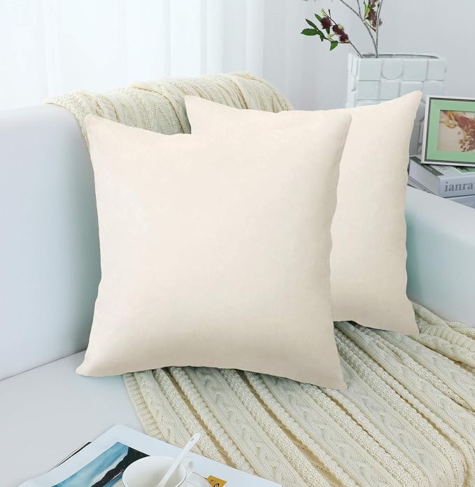 Jeneoo Comfy Soft Thick Velvet Throw Pillow Cases for Sofa Couch, Decorative Solid Square Cushion Covers for Bedroom Car (Off White, 18 x 18 Inches, 2 Pieces