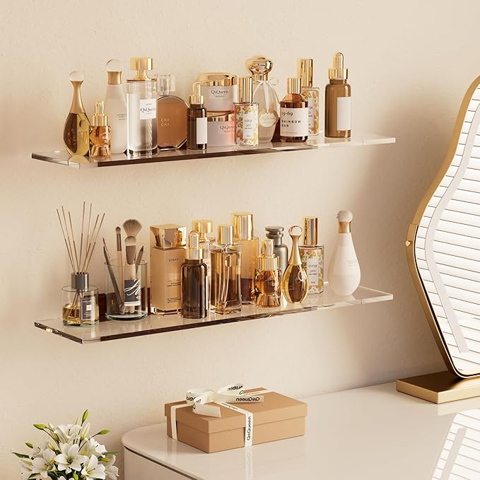 QsQueen Acrylic Floating Shelves with Solid Wood Base, Wall Mounted Shelf for Plants, Perfume, Nail Polish, Bathroom, Bedroom & Living Room Décor