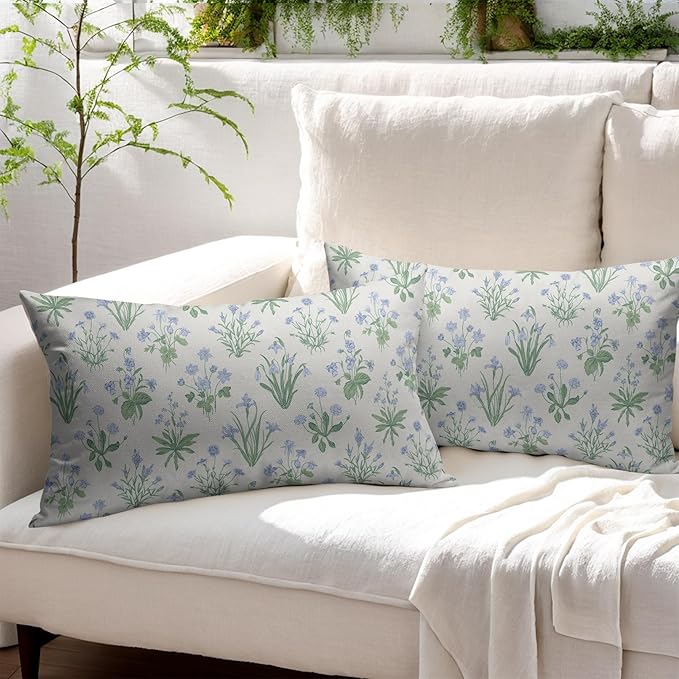 Sage Green Blue Block Print Pillow Covers 12x20 Set of 2 Decorations Vintage Floral Throw Pillow Covers Decor Cozy Soft Rustic Pillowcases Farmhouse Flower Printed for Sofa Bed Home Decorative