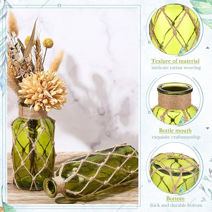 Chuangdi Set of 2 Coastal Glass Vases Christmas Vases for Flowers with Boho Rope Christmas Centerpieces for Tables Small Beach Bottle for Nautical Wedding Floral Arrangement Decorations(Olive Green)