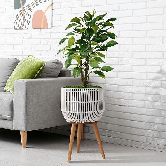 Casafield Indoor Planter with Stand, White Floor Planter with Wood Legs, Large Plant Pot Cover with Liner for Houseplants, Flower Pots and Trees