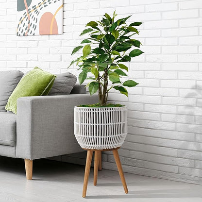 Casafield Indoor Planter with Stand, White Floor Planter with Wood Legs, Large Plant Pot Cover with Liner for Houseplants, Flower Pots and Trees