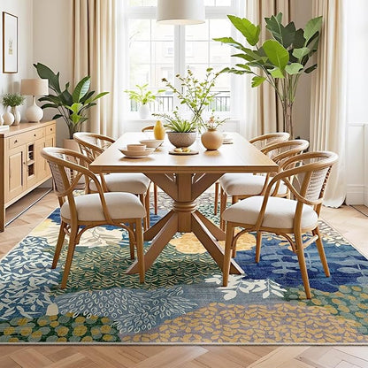 DEXDE Washable Area Rugs 6x9 for Living Room, Floral Large Rug Boho Print Vintage Low Pile Non Slip Carpet for Bedroom Kids Room Nursery Office Dinning Room,Blue