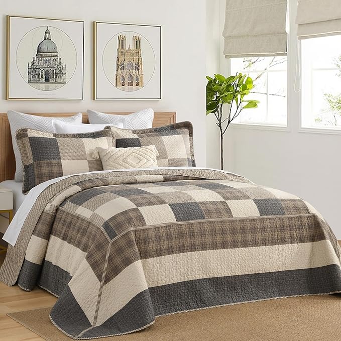 Oversized King Bedspread 128"x120" - 100% Cotton Lightweight California King Quilt with 2 Pillowshams, Printed Plaid Extra Wide Quilted Bedding Coverlet for All Season, Charcoal/Beige/Brown