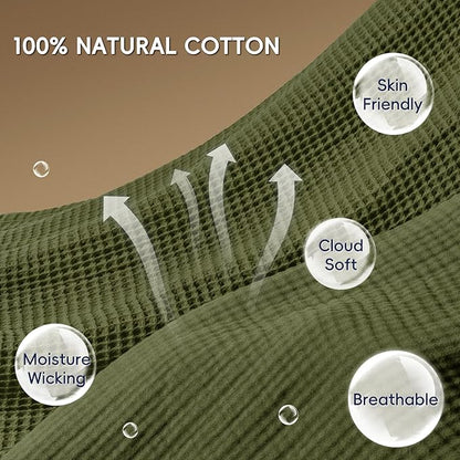 PHF 100% Cotton Waffle & Muslin Blanket Twin Size, Soft Breathable Luxury 400GSM Versatile Reversible Bedding for Bed, Great for Layering in Cold Weather, Home Decor Gift, 66" x 90", Olive Green