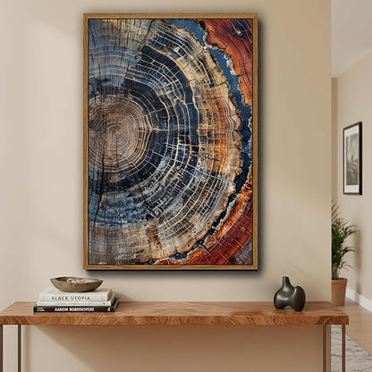 IBHJSART Framed Tree Ring Canvas Wall Art Vintage Colorful Wood Stump Painting Prints Modern Minimalist Pictures Neutral Nature Rustic Farmhouse Decor Living Room Bedroom Bathroom Office