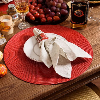 AHHFSMEI Round Braided Placemats 15 Inch Round Table Mats for Dining Tables Natural Woven Heat Resistant Place mats Set of 4 (red,4)