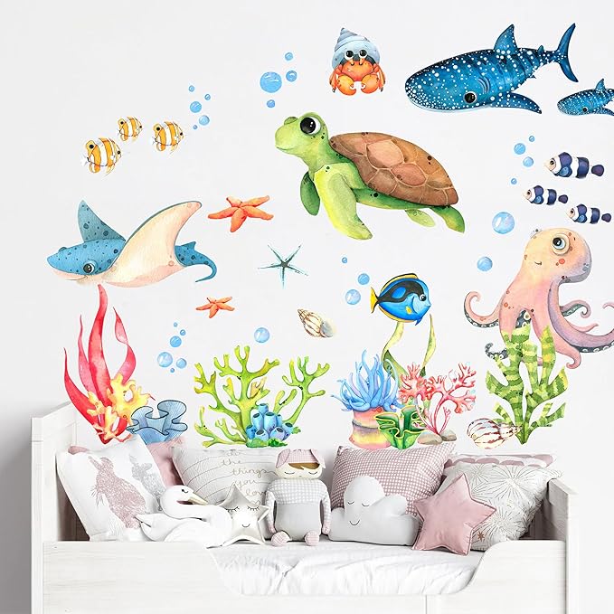 Ocean Playground Wall Decal - Cartoon Underwater Fun with Turtle, Whale, and Octopus, Removable Reusable Peel-and-Stick Fabric Stickers for Kids' Room Décor
