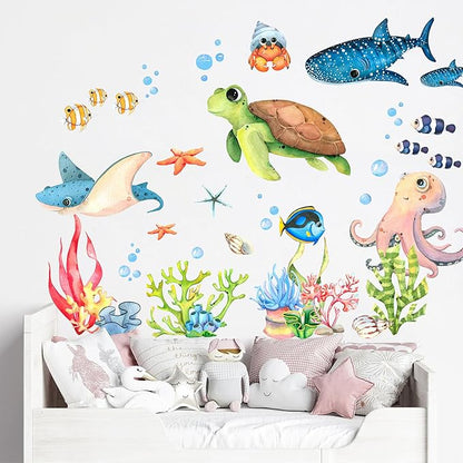 Ocean Playground Wall Decal - Cartoon Underwater Fun with Turtle, Whale, and Octopus, Removable Reusable Peel-and-Stick Fabric Stickers for Kids' Room Décor