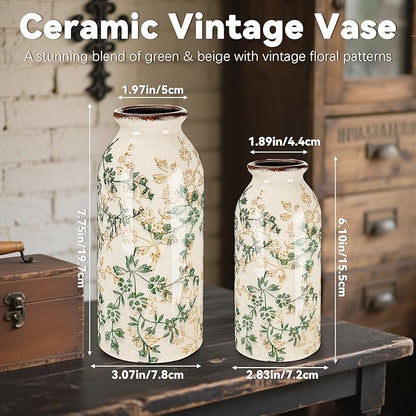2 Pcs Vintage Ceramic Flower Vase Chinoiserie Antique Floral Vase Rustic Boho Farmhouse Decor for Home Table Bookshelf Aesthetic Centerpiece Gift (6.1 Inches/7.8 Inches)