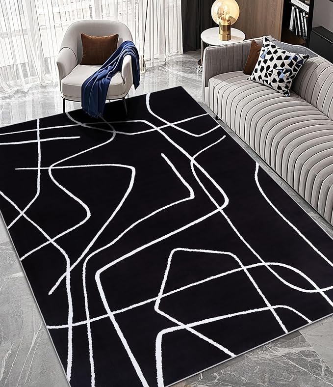 YIHOUSE Modern Washable Area Rug for Living Room Bedroom - Large Abstract Black and White Rug Non-Slip Ultra-Thin Home Decor (Dark Abstract, 8'x10'ft)