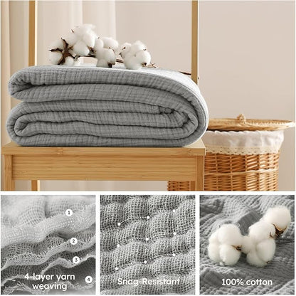 100% Cotton Muslin Blanket Queen Size 90" x 90" for Bed Couch Summer Gauze Blanket for Adults Lightweight and Breathable Grey