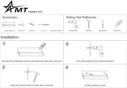 AMT 2 Pack Acrylic Floating Shelves, 15" L x 4" W, Clear Bathroom Wall, Bookshelves, Invisible Display for Office, Bedroom, Small Gap Allows Water to Escape, Free Screws & Drill Bit (L- New Model)