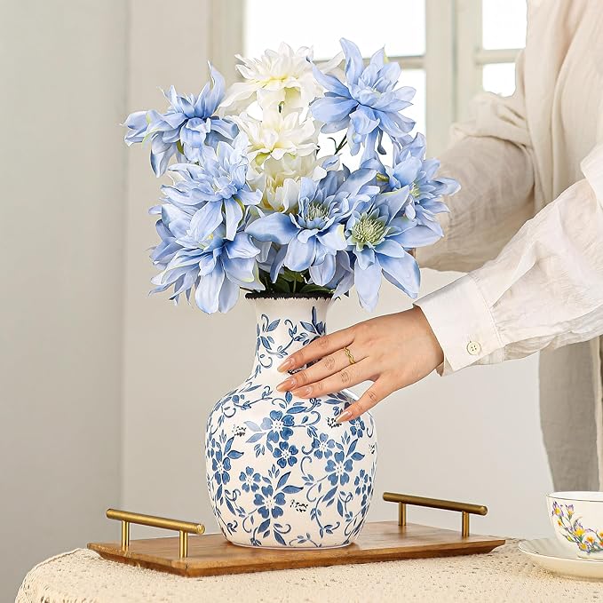 Blue and White Flower Vase Vintage Chinoiserie Floral Ceramic Vase Handcrafted Round Flower Vase for Home Decor Centerpieces Living Room, Bookshelf, Office Rustic Table Centerpiece 9 in