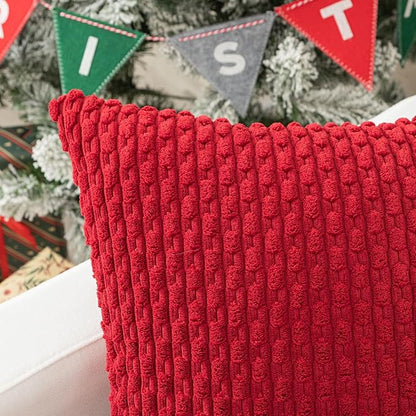 Kevin Textile Pack of 2 Christmas Corduroy Decorative Throw Pillow Covers 22x22 Inch Soft Boho Striped Pillow Covers Modern Farmhouse Home Decor for Spring Sofa Living Room Couch Bed Burgundy