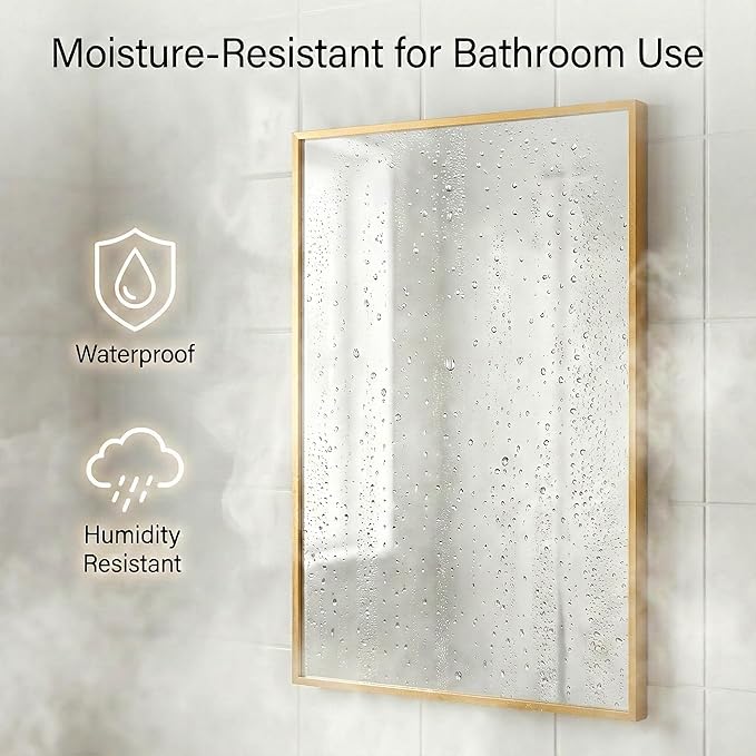 24''x36'' Gold Bathroom Mirror | Antique Brass Deep-Set Recessed Metal Frame | Heavy-Duty Rectangular Wall Mirror | Traditional Mantel & Bedroom Decor