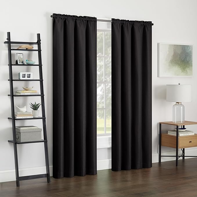 Eclipse Kendall Textured Blackout Thermal Rod Pocket Window Curtain, Insulating & Noise Reducing Curtains for Bedroom or Living Room (1 Panel), 84 in Long x 42 in Wide, Black