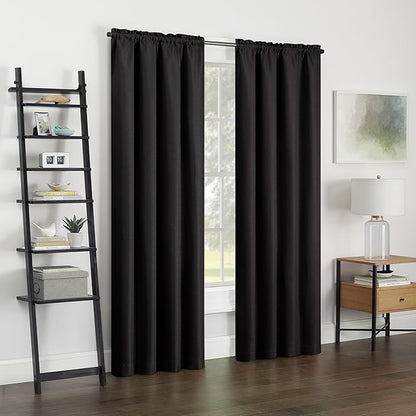 Eclipse Kendall Textured Blackout Thermal Rod Pocket Window Curtain, Insulating & Noise Reducing Curtains for Bedroom or Living Room (1 Panel), 84 in Long x 42 in Wide, Black