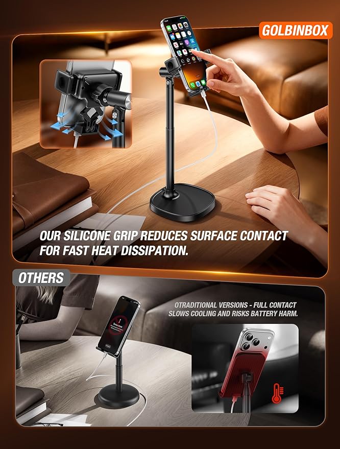 Golbinbox Phone Stand for Desk, [One-Click Release] Adjustable Height & Angle, 180° Flip & 360° Rotation Retractable Cell Phone Stand for Recording, Universal Desktop Holder for iPhone Samsung Android