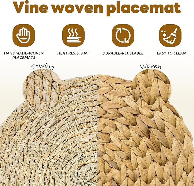 18 Pcs Boho Woven Placemats, Wood Bead Napkin Rings, and Dinner Cloth Napkins Set, 13" Handmade Round Wicker Farmhouse Rustic Placemats, Rattan Chargers for Dinner Plates for Thanksgiving Table Decor