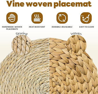 18 Pcs Boho Woven Placemats, Wood Bead Napkin Rings, and Dinner Cloth Napkins Set, 13" Handmade Round Wicker Farmhouse Rustic Placemats, Rattan Chargers for Dinner Plates for Thanksgiving Table Decor