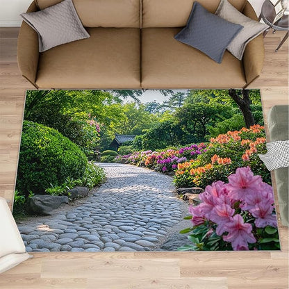 Japanese Gardens Washable Area Rugs 6x9 Non-Slip Garden Art Living Room Rug Eastern Aesthetics Soft for Carpet Low Pile Indoor Door Mat & Room Decor