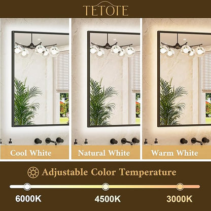 TETOTE 24 x 36 Backlit Bathroom Mirror Brushed Black Metal Frame LED Light Vanity 3-Color White/Warm/Natural Stepless Dimmable Anti-Fog Backlight Mirror Wall-Mounted