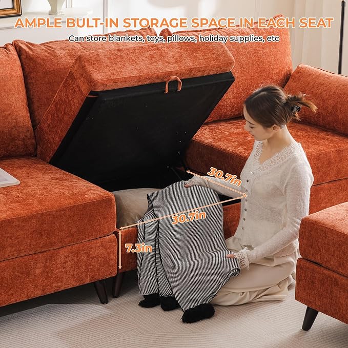 104'' Modular Sectional Sofa with Seats Storage,Oversized U Shaped Couch for Living Room,Comfy 3-Seater Cloud Couches with Deep Seat, Movable Ottoman, 2 Throw Pillow,Chenille,Orange