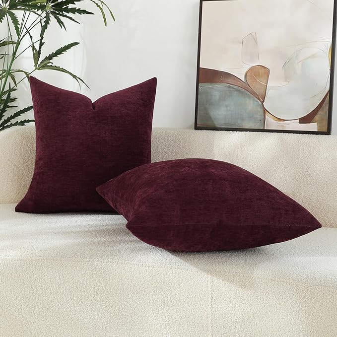 Burgundy Red Chenille Decorative Couch Throw Pillow Covers, Soft Cushion Cases for Home Livingroom Sofa Décor, Pack of 1, 24 x 24 Inches