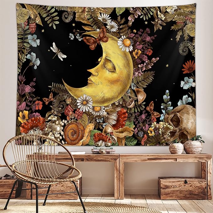Boho Moon Extra Large Tapestry, Vintage Mushroom Sun and Moon Art Tapestries Wall Hanging for Bedroom Aesthetic Botanical College Dorm Room Fairy Decor 90X70" Brown Retro Skull Poster