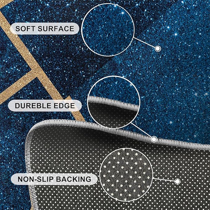 Abstract Marble Rug Navy Blue Marble Area Rug Blue Starry Geometric Area Rugs Gold Lined Geometric Shapes Rugs Modern Minimalist Carpet for Living Room Bedroom 4x5ft