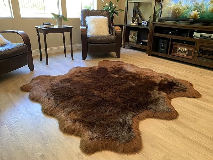 LAMBZY Faux Sheepskin Super Soft Hypoallergenic Silky Shag Rug for Living Room, Kids Room, Sofa (Sexto 6 Pelts 6'x6', Brown)