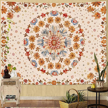 Fowocu Boho Floral Mandala Tapestry Wall Hanging Watercolor Bohemian Flower Medallion Tapestry Aesthetic Beige Orange Hippie Indian Small Tapestries for Bedroom Living Room Dorm Decor 60 x 44 Inch