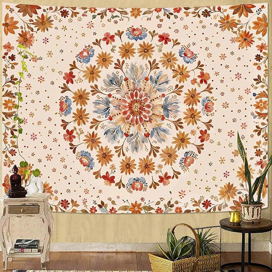 Fowocu Boho Floral Mandala Tapestry Wall Hanging Watercolor Bohemian Flower Medallion Tapestry Aesthetic Beige Orange Hippie Indian Small Tapestries for Bedroom Living Room Dorm Decor 60 x 44 Inch
