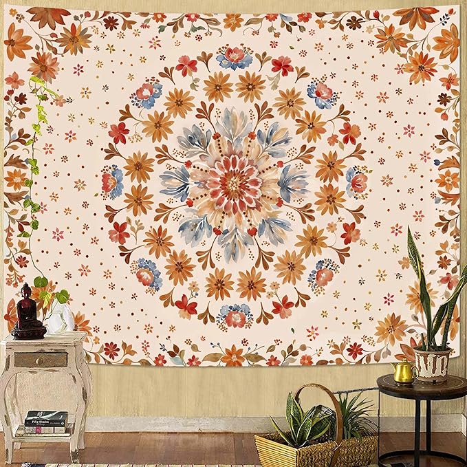 Fowocu Boho Floral Mandala Tapestry Wall Hanging Watercolor Bohemian Flower Medallion Tapestry Aesthetic Beige Orange Hippie Indian Large Tapestries for Bedroom Living Room Dorm Decor 80 x 60 Inch