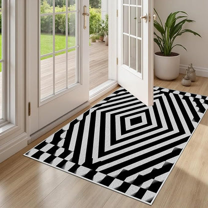 Black and White Rug 7x9, Checkered Soft Thin Indoor Floor Mats Carpet, Non-Slip Stain Resistant Washable Rugs, Modern Rhombus Geometric Rugs for Living Room, Farmhouse Rug