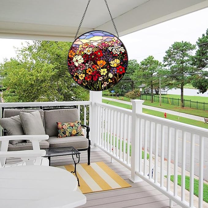Flowerbed Stained Glass Window Hanging, 7.8" Round Sun Catcher Hand Painted Wall Art Decor with Chain, Unique Housewarming Gifts for Couples, Home