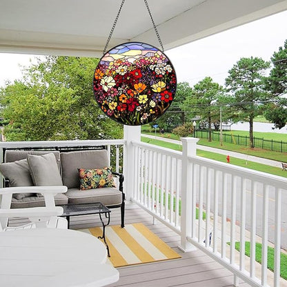 Flowerbed Stained Glass Window Hanging, 7.8" Round Sun Catcher Hand Painted Wall Art Decor with Chain, Unique Housewarming Gifts for Couples, Home