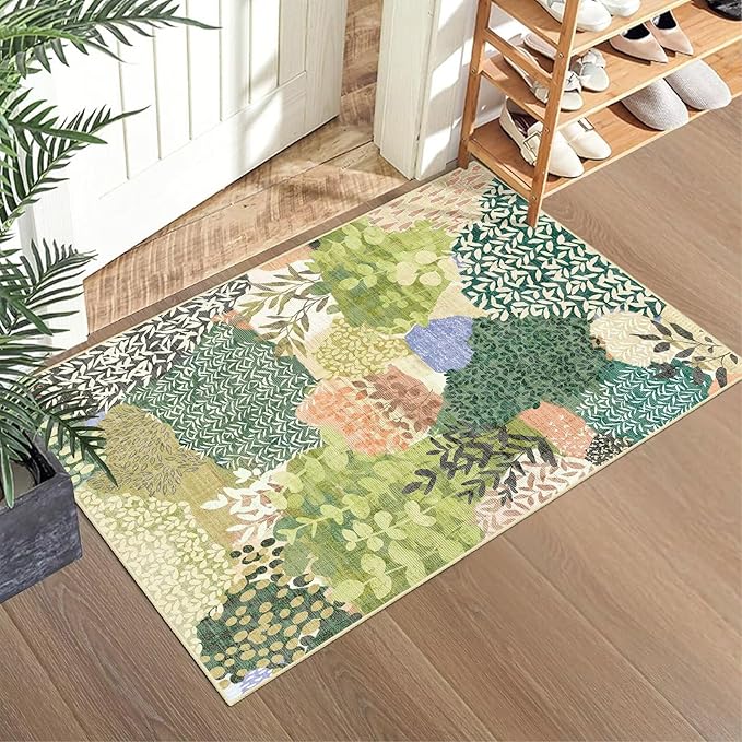 DEXDE 2x3 Area Rug, Small Boho Rugs Entryway Doormat Indoor Machine Washable Non-Slip Abstract Botanical Leaves Floral Print Floor Carpet for Living Room, Bedroom, Office, Kids Playroom,Green