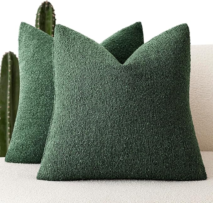 Foindtower Set of 2, Decorative Textured Boucle Throw Pillow Covers Accent Solid Pillow Cases Neutral Cozy Couch Cushion Case for Chair Sofa Bedroom Living Room Home Decor 24x24 Inch Pine Green