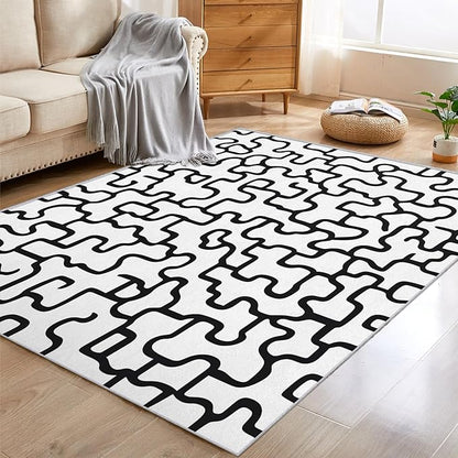 Abstract Geometric Rugs for Home Decor, 6x8 ft, Black and White Labyrinth Area Rugs for Living Room, Soft Non Slip Washable Modern Abstract Line Carpet Bedroom Decorations Dt-Ghf-31