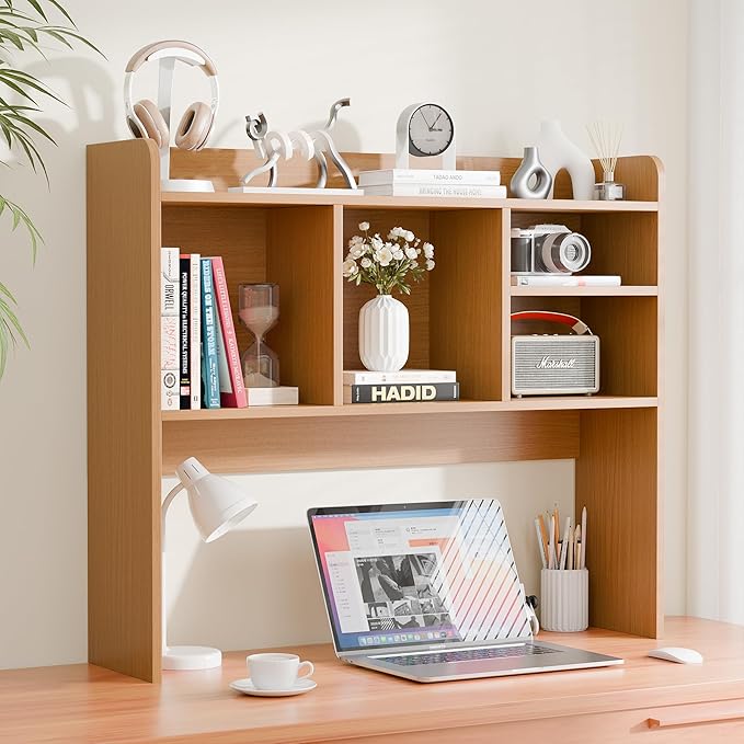 SUPER DEAL Desktop Bookshelf, Countertop Storage Hutch with 4 Shelves for Computer Desk, 2-Tier Display Rack, Multipurpose Wood Desk Hutch Storage Organizer for Home Office Dorm, Natural