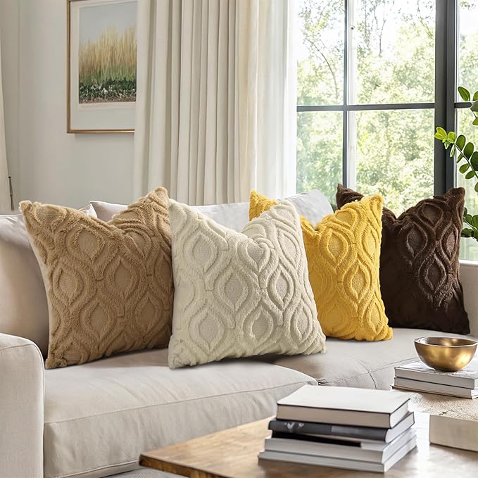 decorUhome Spring Euro Sham Throw Pillow Covers 24x24 Inch Set of 2, Soft Plush Faux Wool Beige Solid Couch Pillow Covers, Accent Farmhouse Neutral Square Pillow Cases for Sofa Bed Living Room
