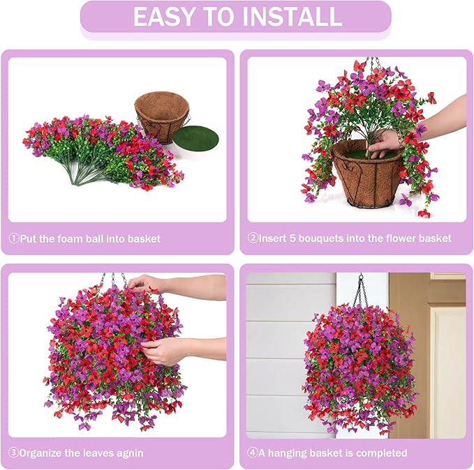 Artificial Hanging Flowers Plants with Basket for Outdoors, Realistic Faux Silk Daisy Flower Eucalyptus for Spring Decor, UV Resistant Fake Plants for Porch Patio Yard Balcony, Red Purple