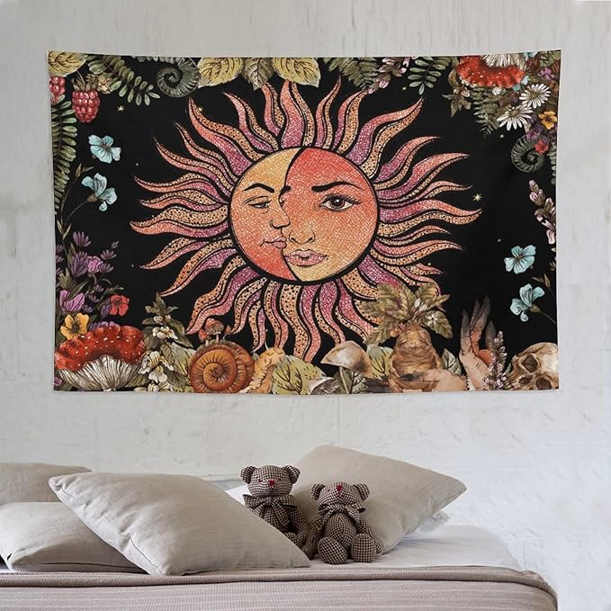 Vintage Sun Tapestry,Boho Hippie Mushroom Plant Botanical Sun and Moon Art Tapestries Wall Hanging for Dorm Living Room Bedroom Decor(60"x90")