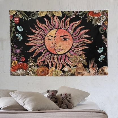 Vintage Sun Tapestry,Boho Hippie Mushroom Plant Botanical Sun and Moon Art Tapestries Wall Hanging for Dorm Living Room Bedroom Decor(60"x90")