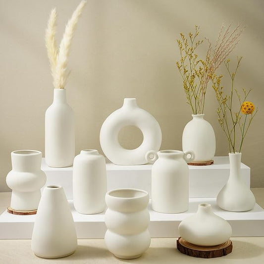 Small White Ceramic Vase Set of 10 Ceramic Bud Vases in Bulk Modern Farmhouse Boho VaseS for Pampas Grass, Flowers, Decorative Ceramic White Flower Vases for Home Decor, Entryway Table Decor