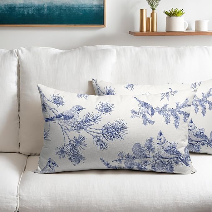 White Blue Bird Pillow Covers 12x20 Set of 2 Decorations Chinoiserie Vintage Throw Pillow Covers Decor Rustic Pillowcases Oriental Pattern Farmhouse Cozy Soft for Sofa Bed Chair Home Decorative