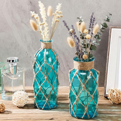 Chuangdi Set of 2 Coastal Glass Vases Christmas Vases for Flowers with Boho Rope Christmas Centerpieces for Tables Small Beach Bottle for Nautical Wedding Floral Arrangement Decorations(Aqua Blue)
