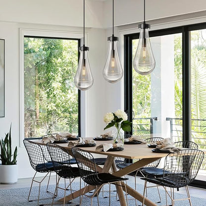 Raindrop Pendant Lights Kitchen Island Set of 2 Teardrop Black Hanging Light Fixtures Clear Solid Glass Pendant Light Modern Chandeliers for Dining Room Porch Corridor Living Room…